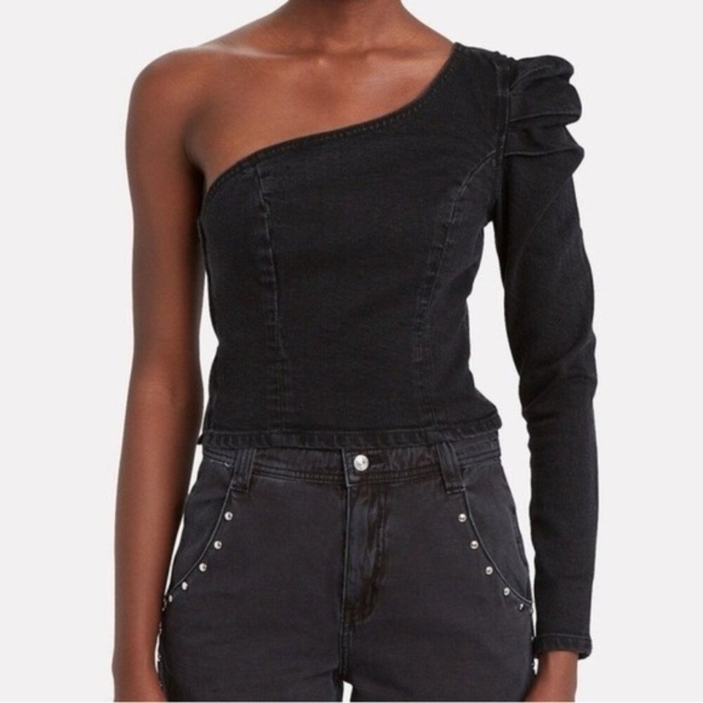 MOTHER Denim‎ The Kyla One Shoulder Puff Sleeve Top in Black